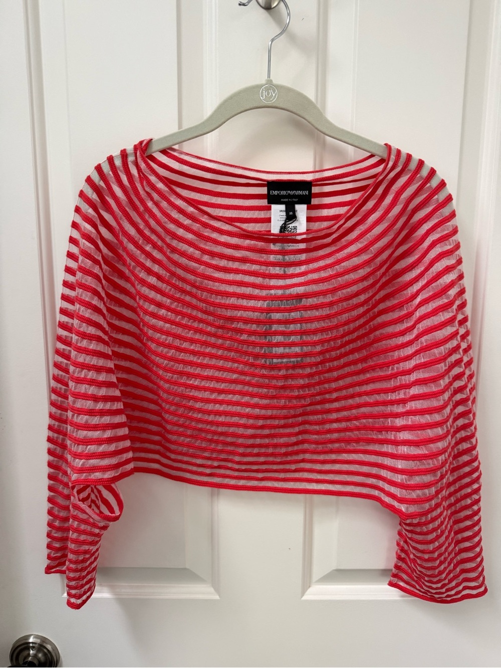 Emporio Armani Red and White Sheer Striped Knit Pullover